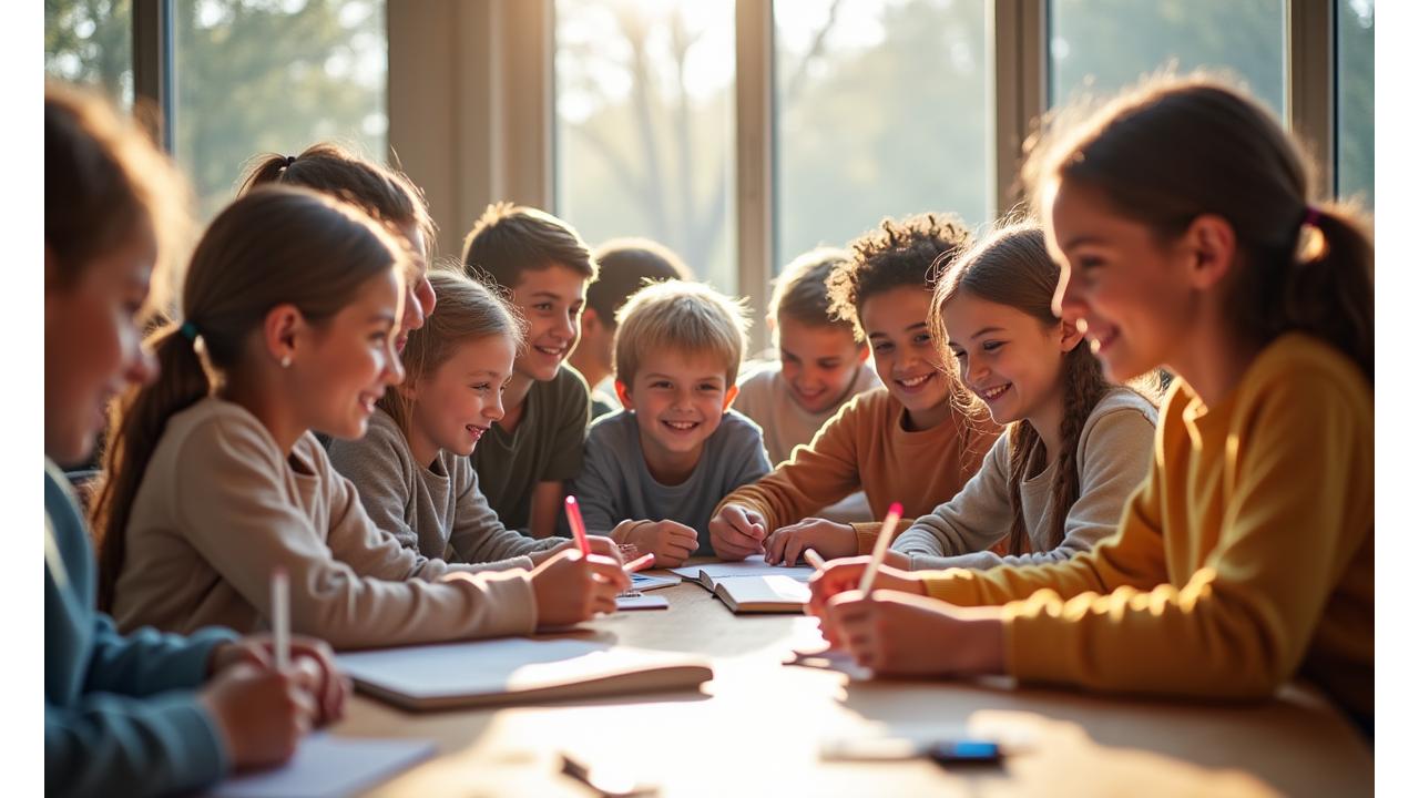 Lachende Kinder spielen und lernen gemeinsam in einem sonnigen Klassenraum_oder_Gemeinschaftszentrum.