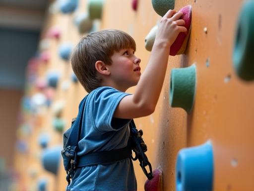 Ein Kind beim Klettern an einer Indoor-Kletterwand, zeigt Konzentration und Stärke und symbolisiert Selbstvertrauen.