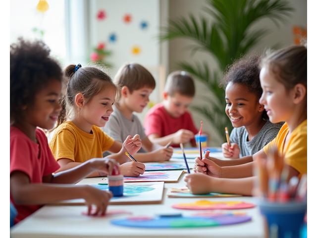 Eine Gruppe bunter Kinder, die enthusiastisch Mal- und Bastelworkshops in einem hellen, kreativen Raum genießen.