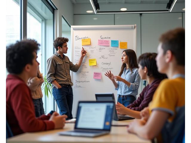 Jugendliche halten eine Präsentation vor einer Gruppe und nutzen ein Whiteboard, um ihre Projektideen zu visualisieren und diskutieren sie angeregt.