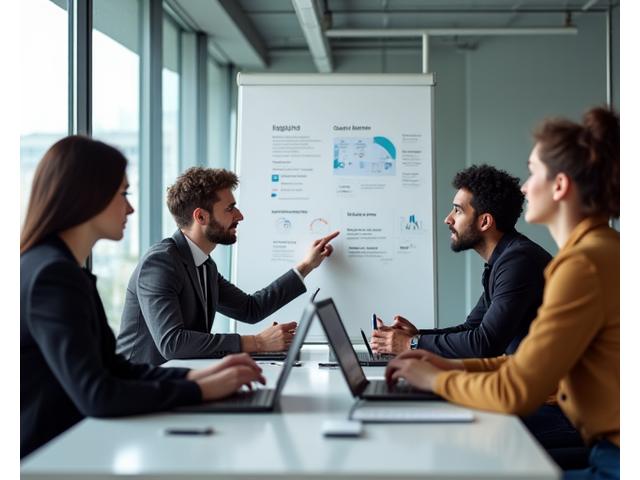 Ein Team von engagierten Menschen arbeitet gemeinschaftlich an Laptops und Whiteboards in einem modernen Büro, das eine dynamische und kollaborative Atmosphäre ausstrahlt.