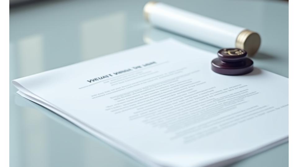 Stilisierte Darstellung eines schriftlichen Vertrages oder Regelwerks auf einem Tablet, umrahmt von Symbolen für Recht und Ordnung. Kontrastreiche Farben und klare Linienführung.